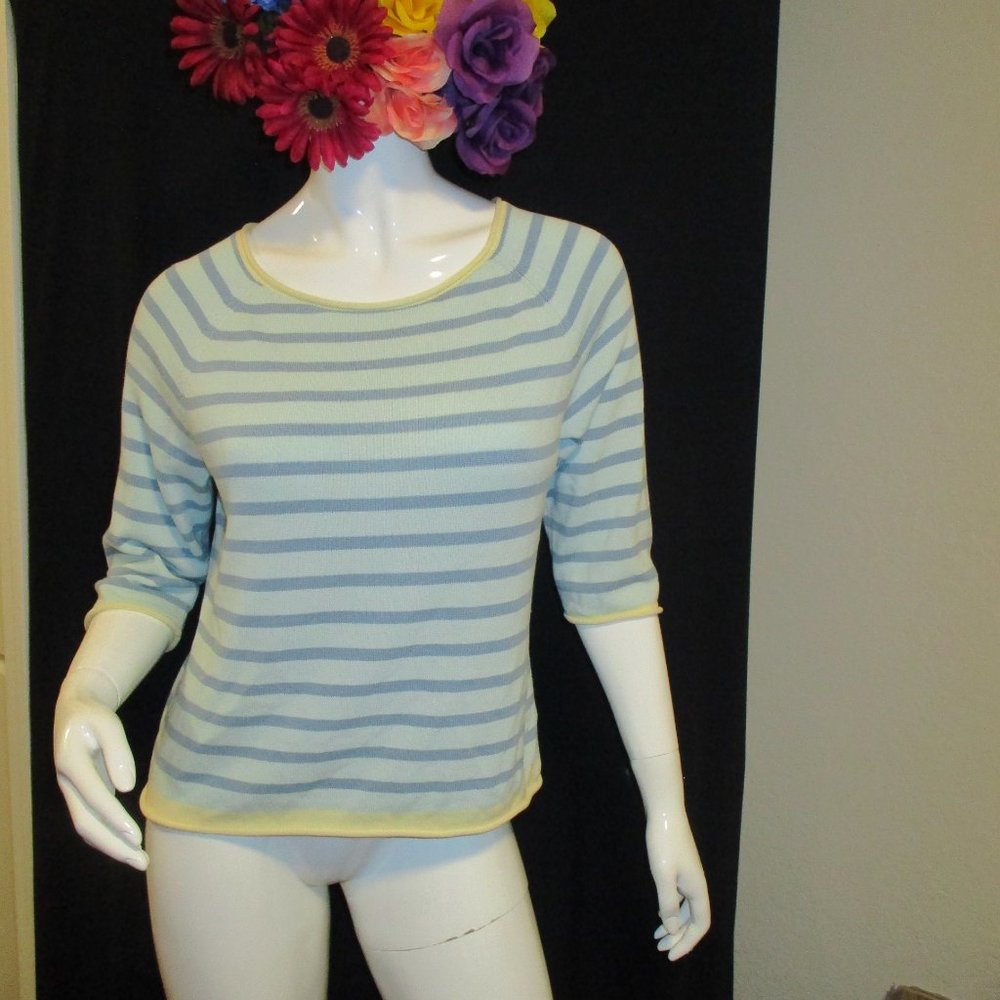 Eddie Bauer Yellow Blue Stripes Pullover 3/4 Sleeves Sweater Petite Large